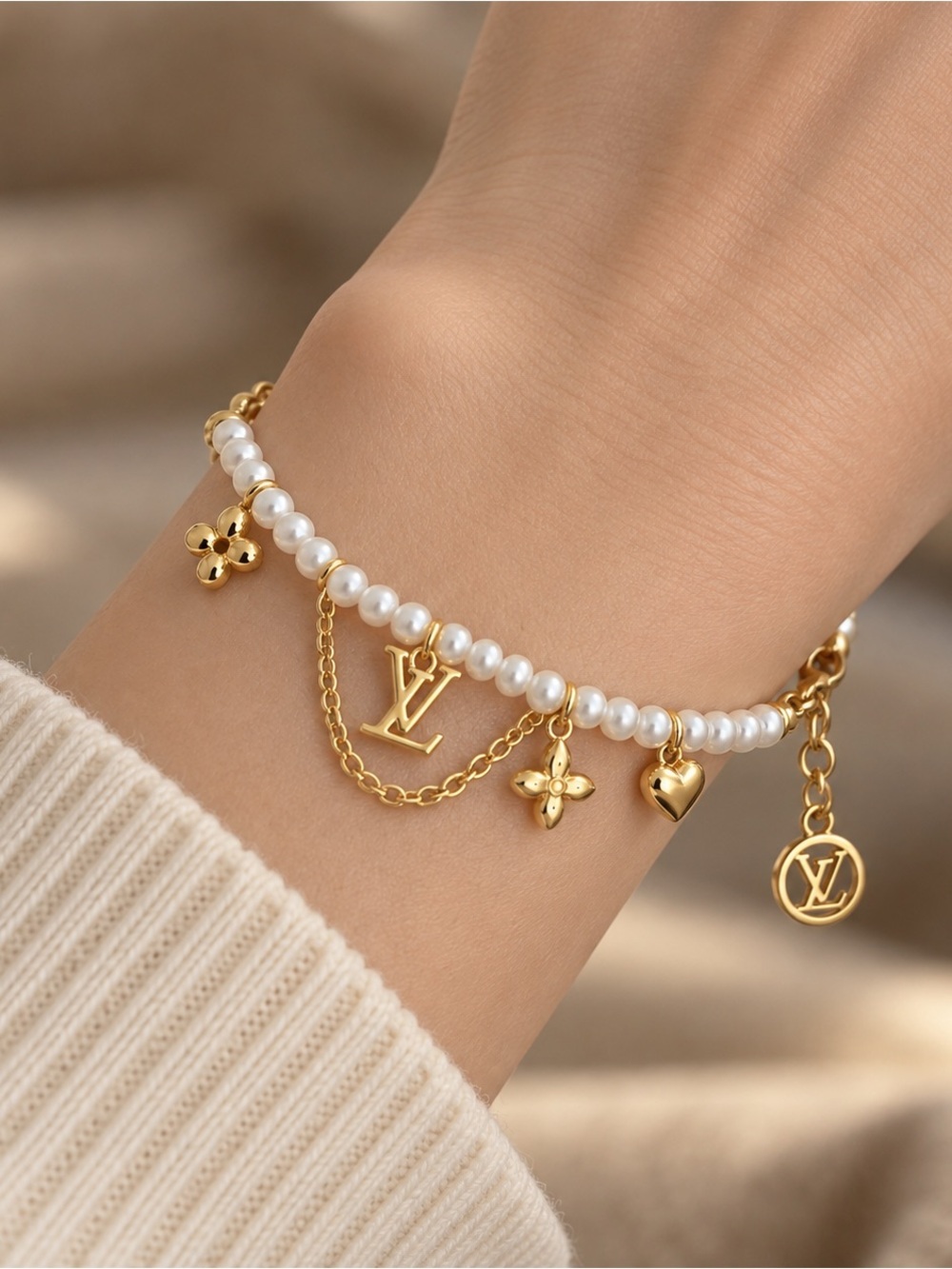 Pearl Charm Bracelet Gold Tone Floral Heart Chain Statement Jewelry